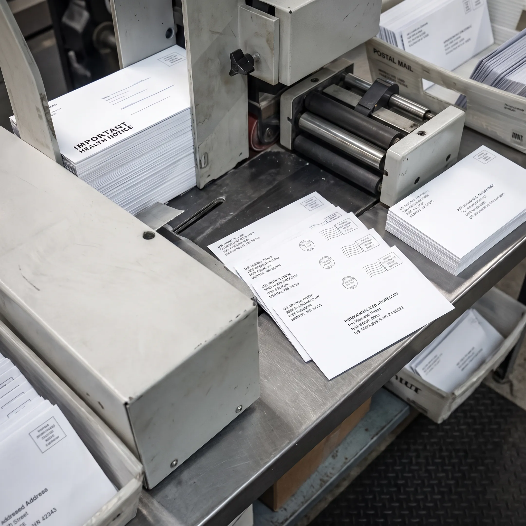 Direct mail campaign materials being prepared for postal delivery