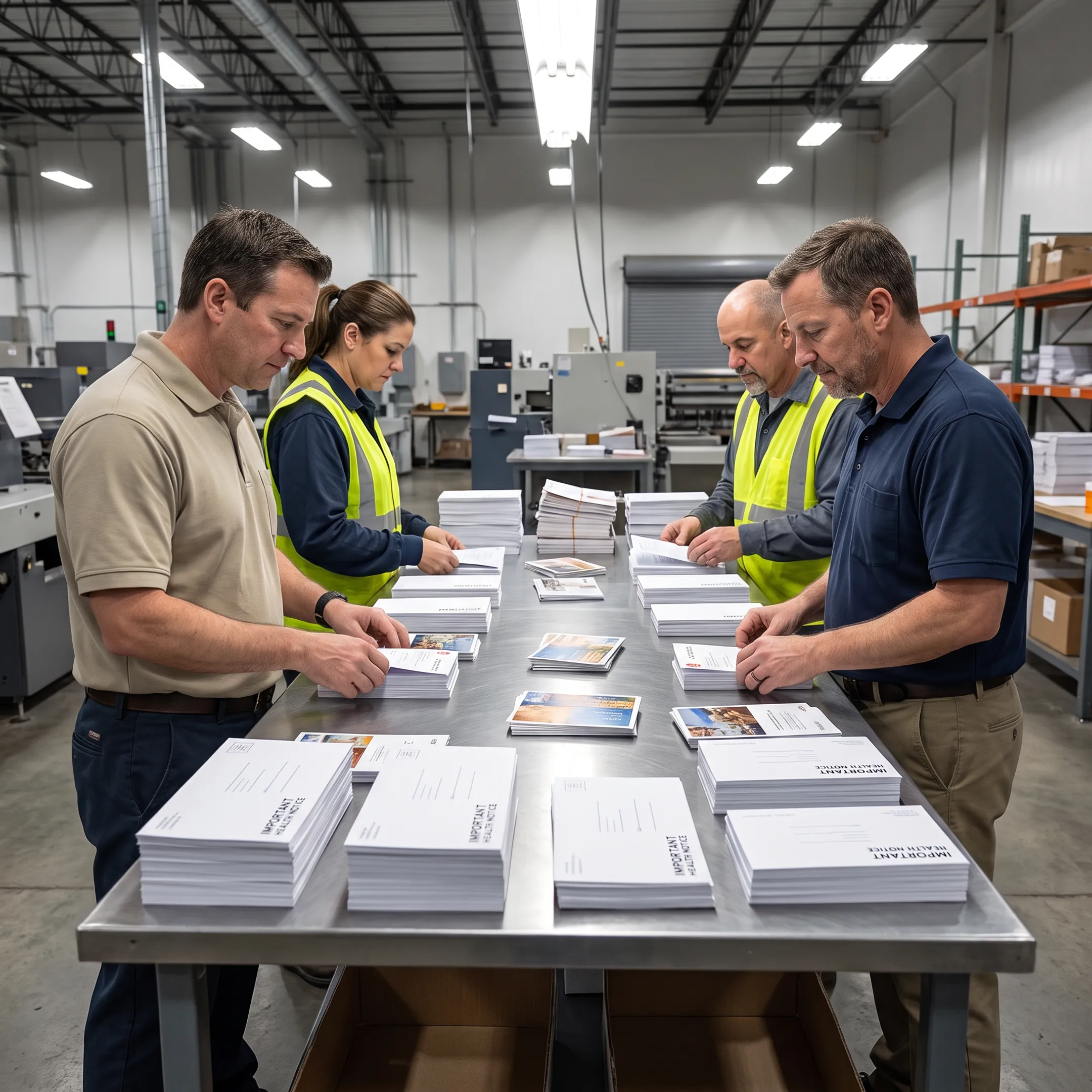 Mailing team preparing personalized printed materials for USPS processing