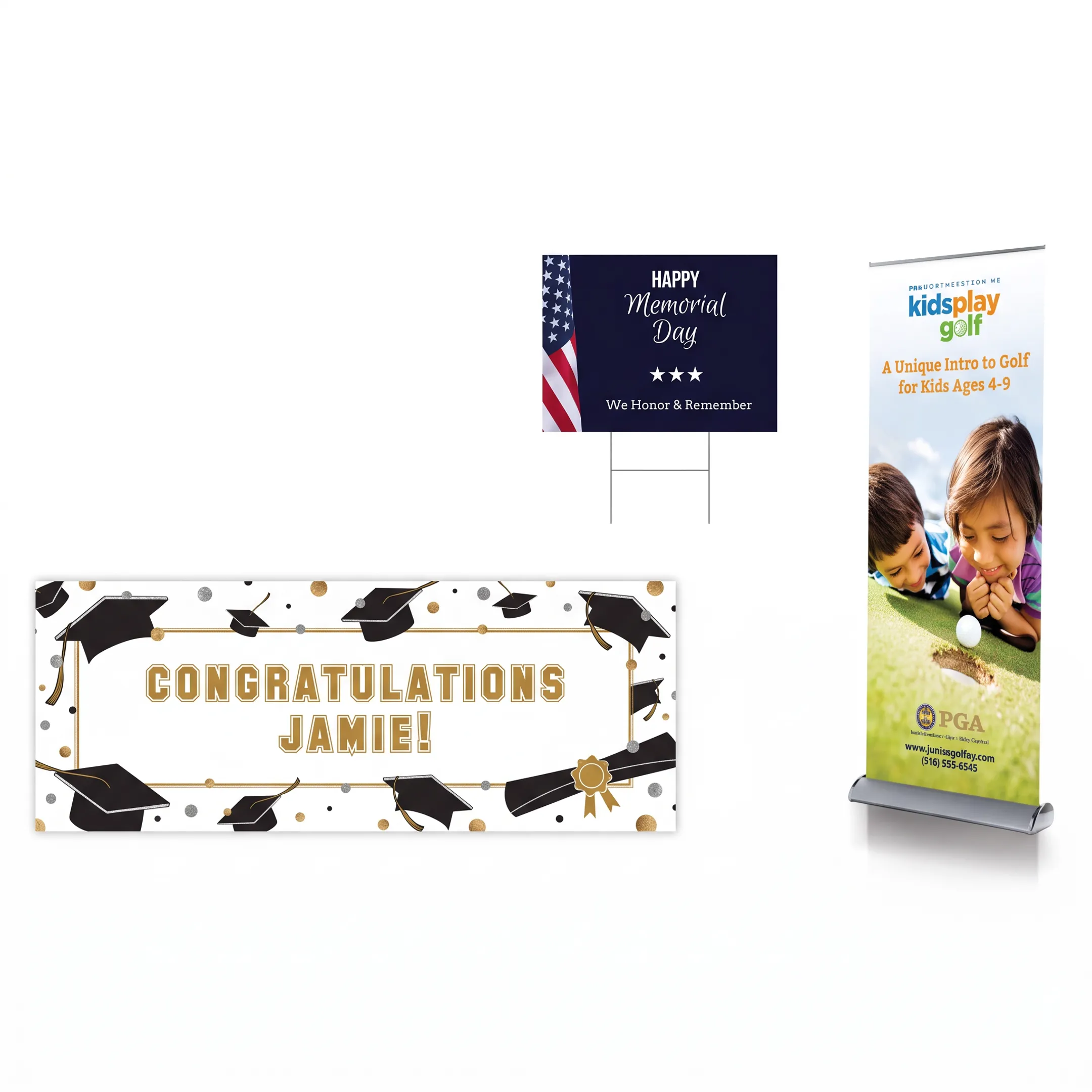 Custom printed graphics, signage, and marketing materials arranged in a professional production setting