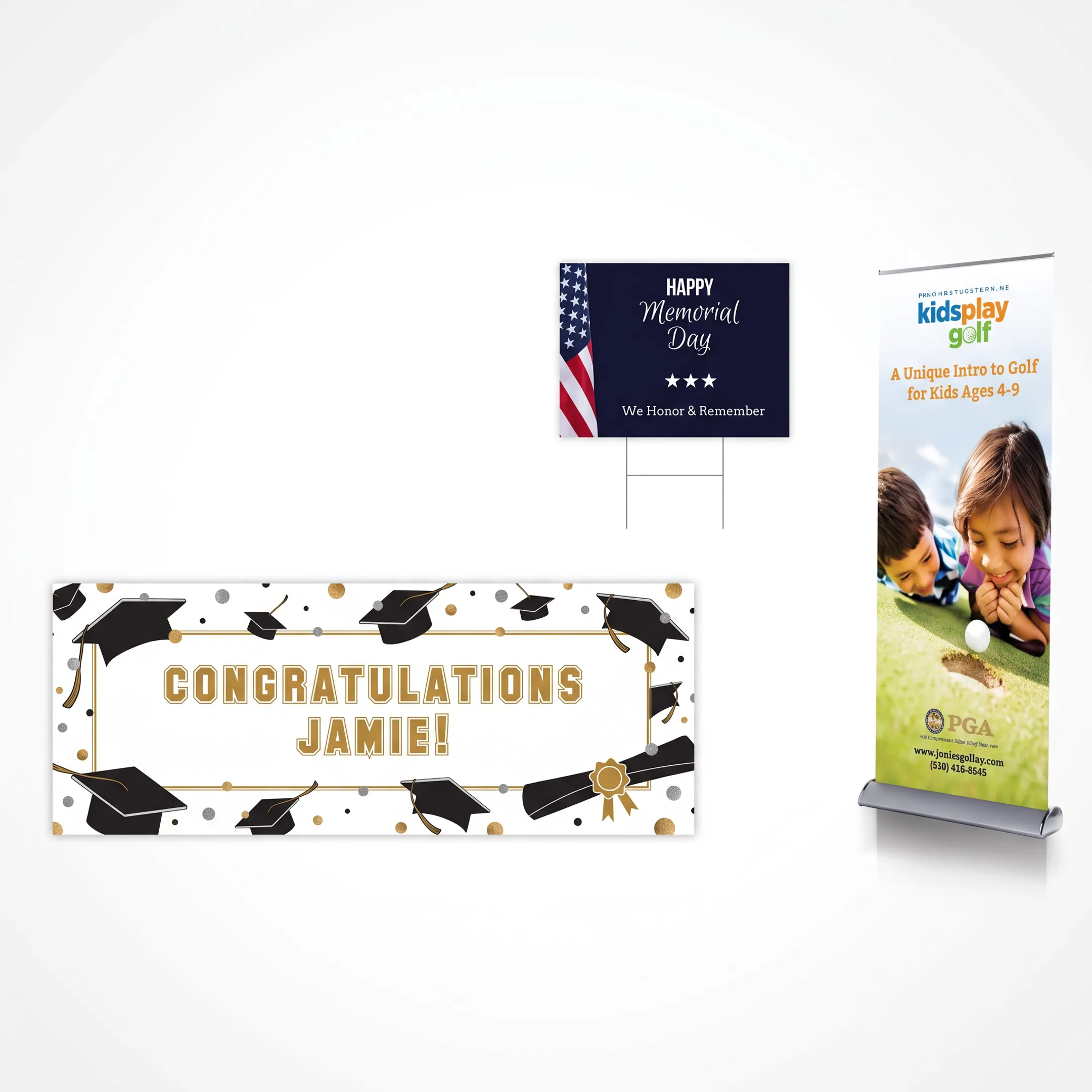 Printed brochures, direct mail pieces, signage, and branded graphics arranged for a specialty printing project