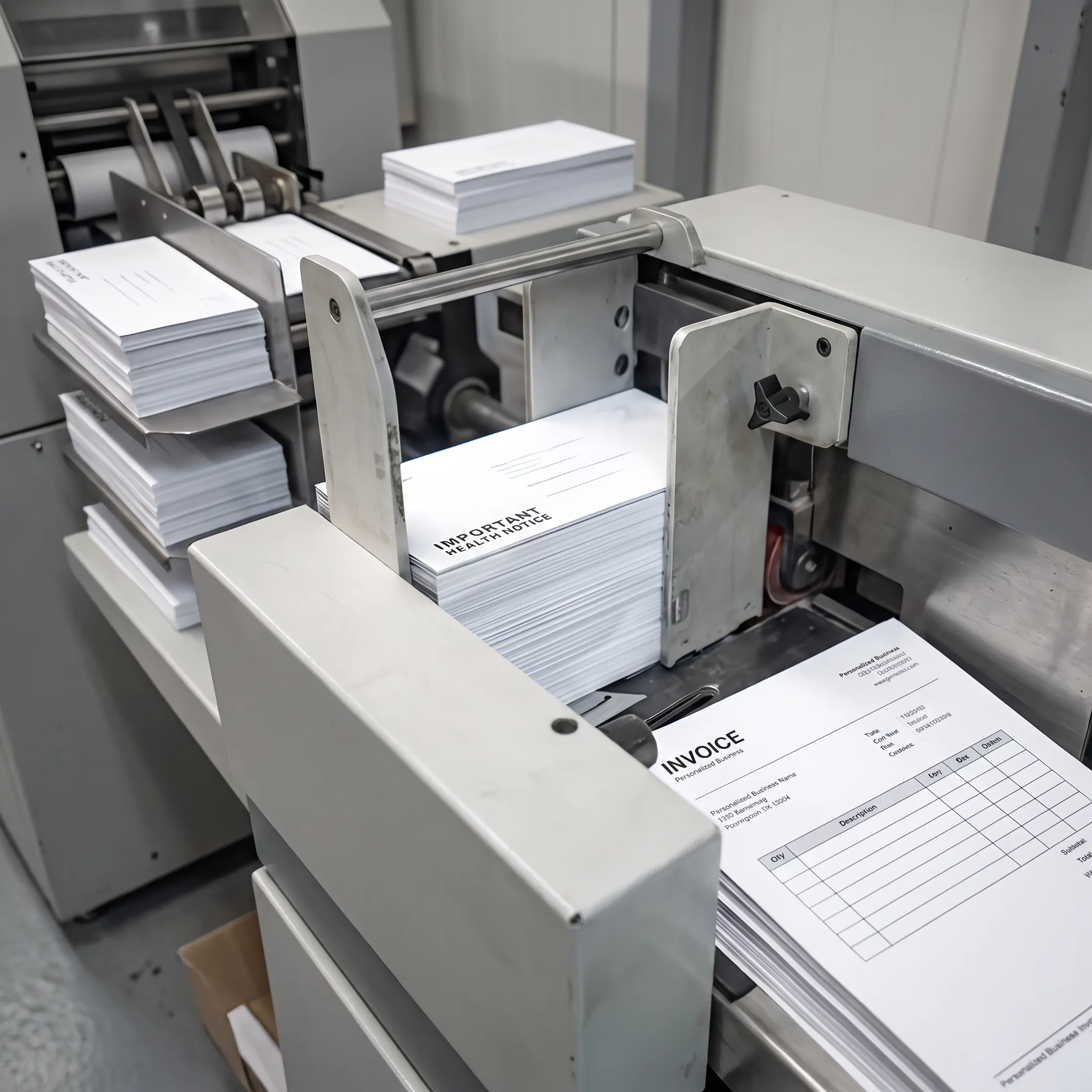 Personalized invoices and envelopes prepared for postal fulfillment