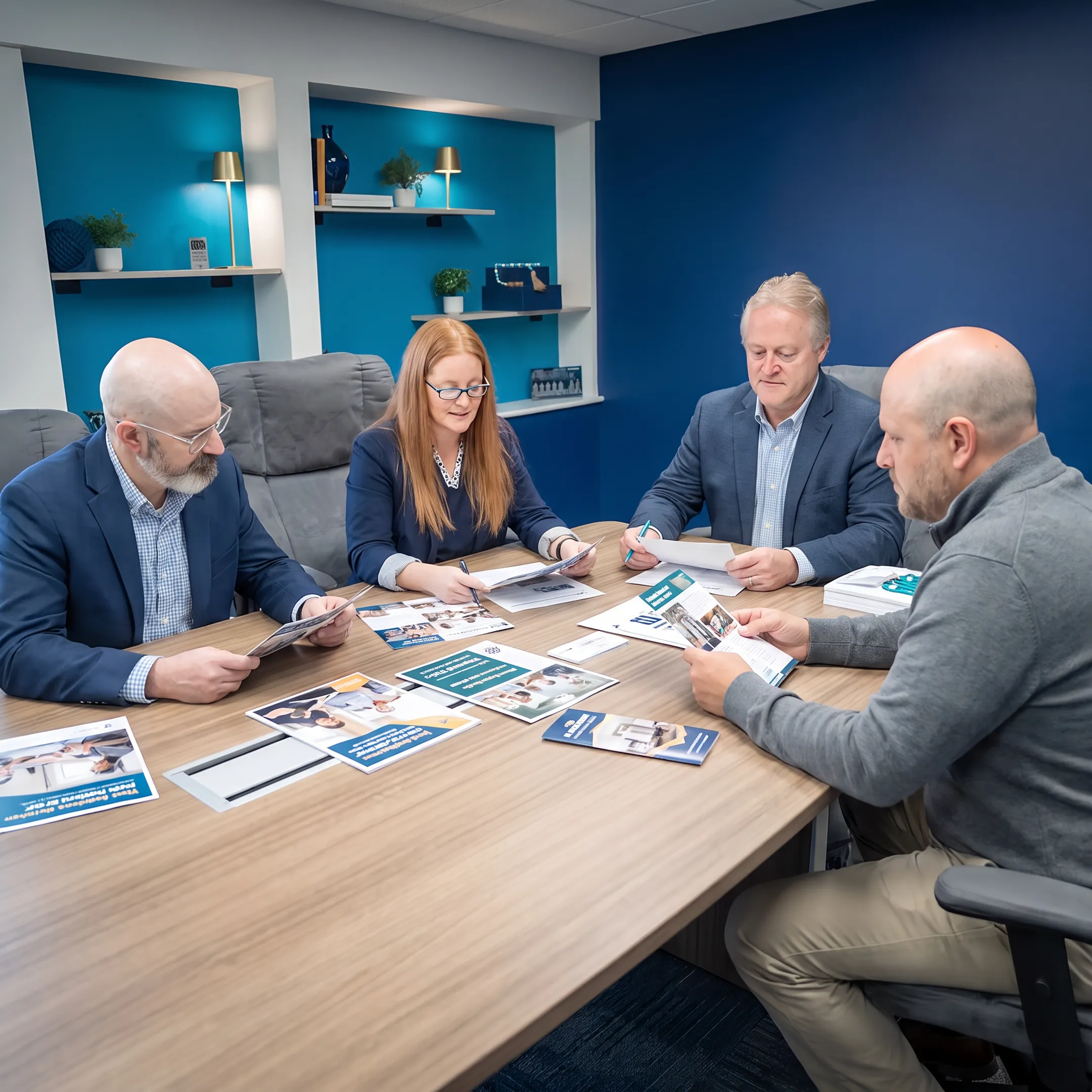 Print production team reviewing colorful branded graphics and finished marketing materials