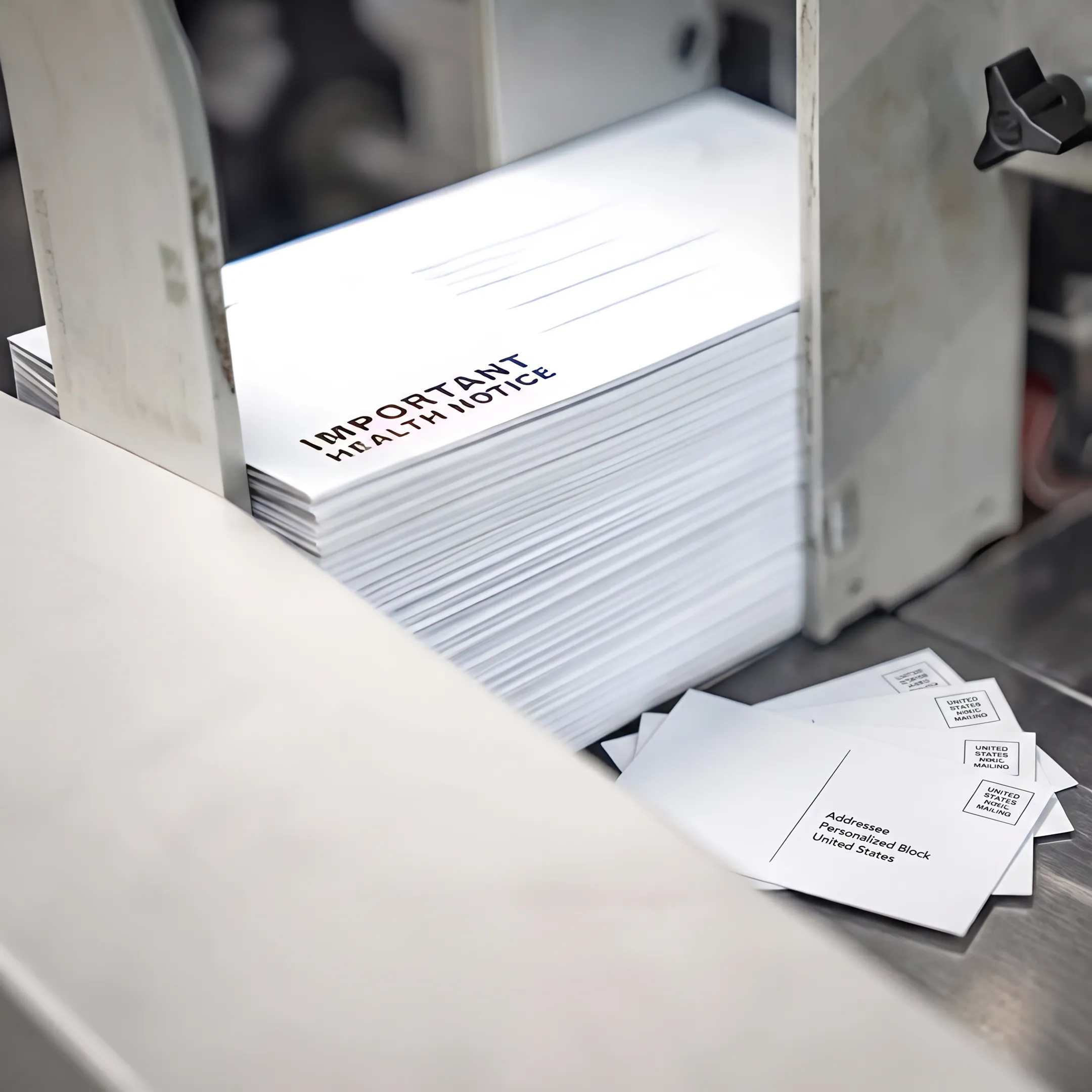 Personalized direct mail pieces moving through printing and fulfillment production