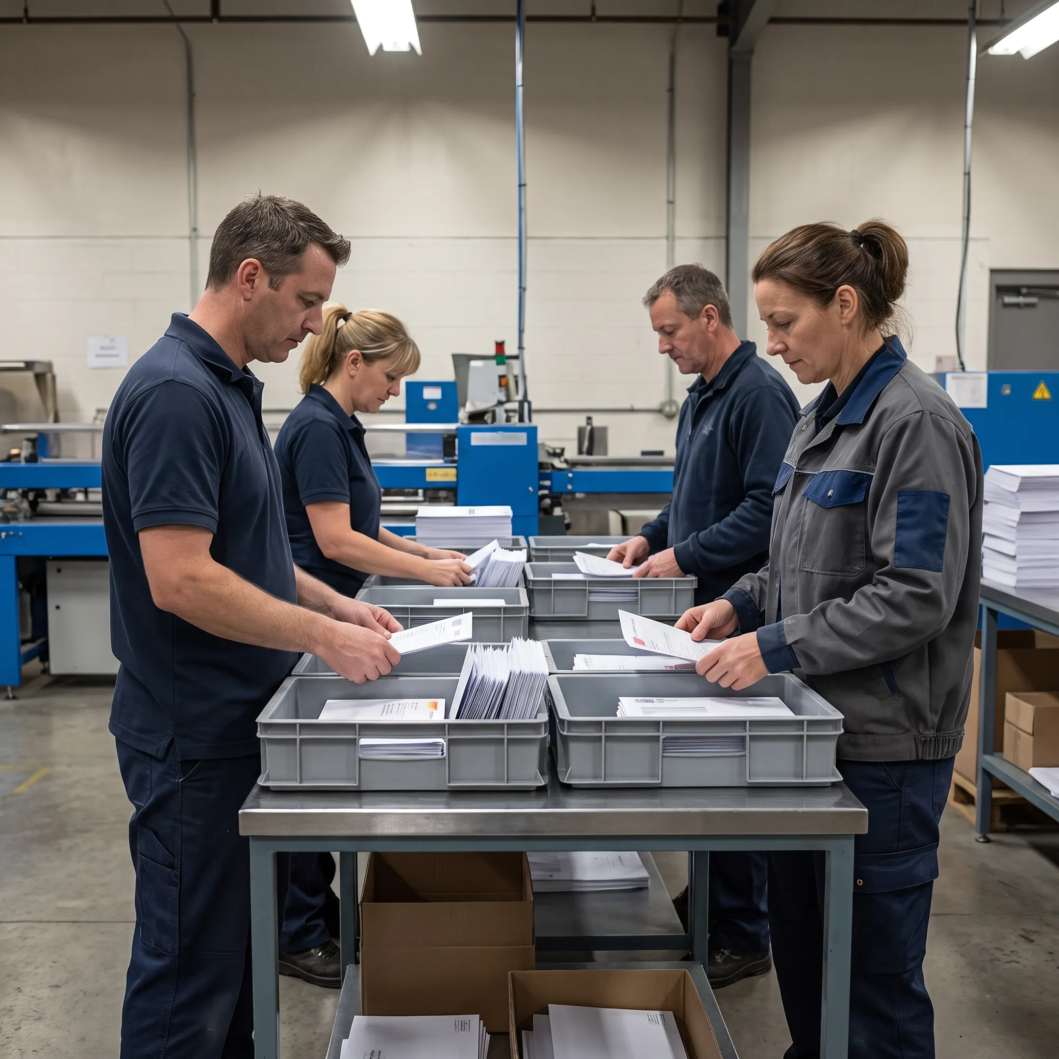 Digital mail production team preparing personalized printed mailers for a business campaign