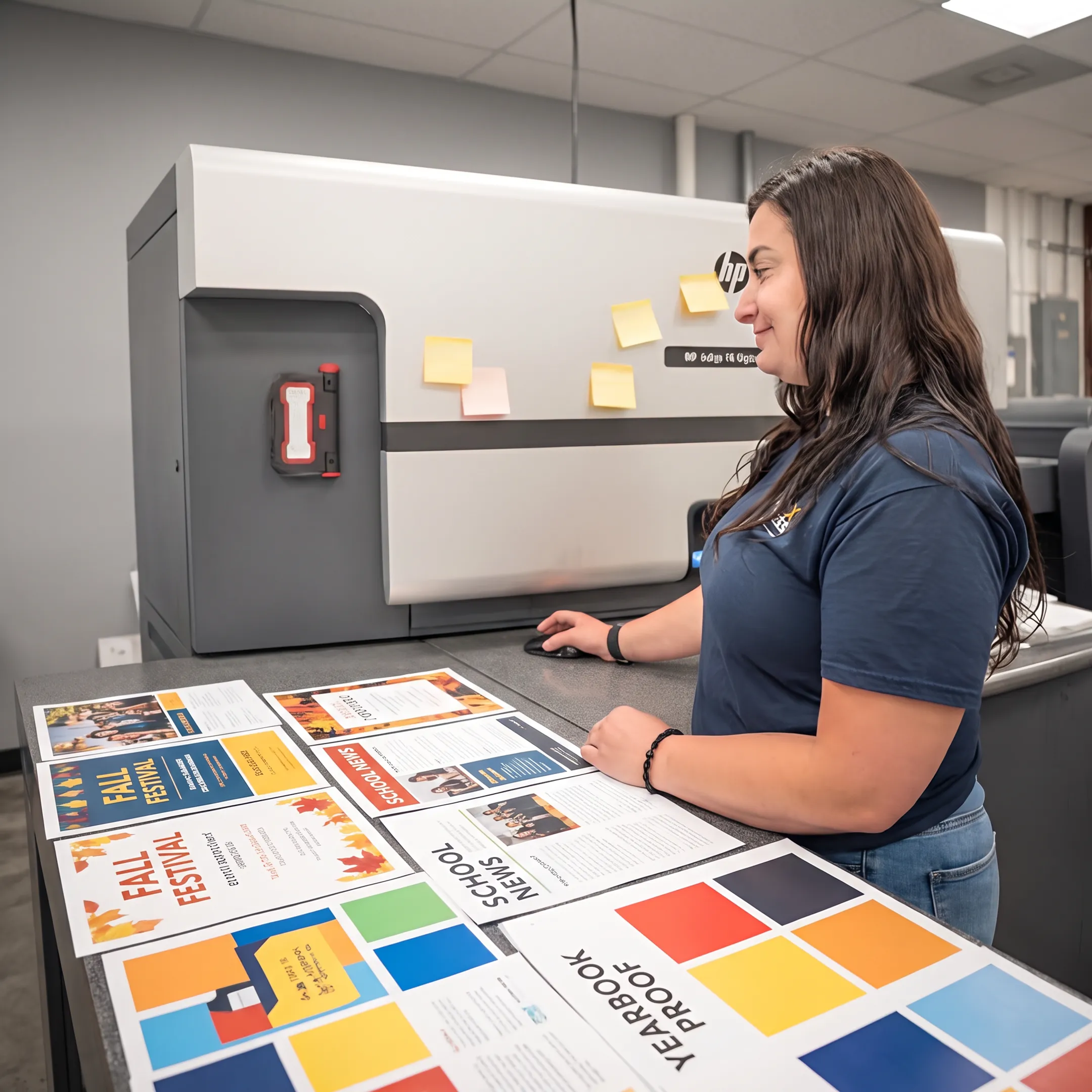 Printed school brochures and event materials arranged beside design proofs