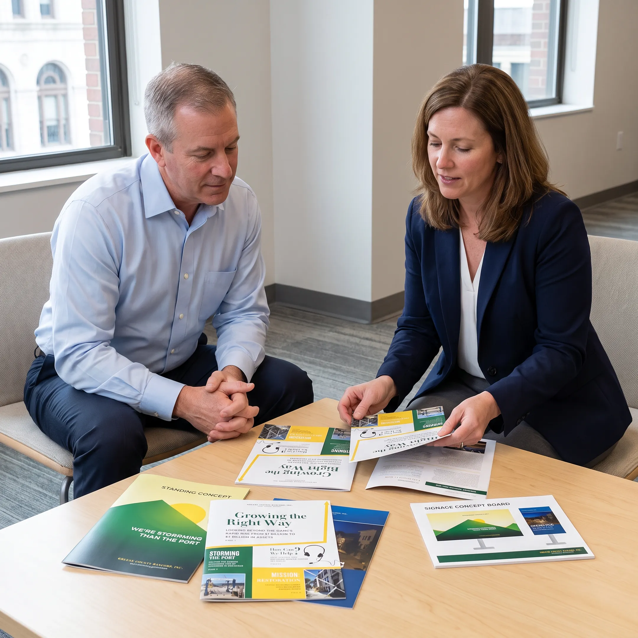 Designer presenting branded brochures and signage concepts