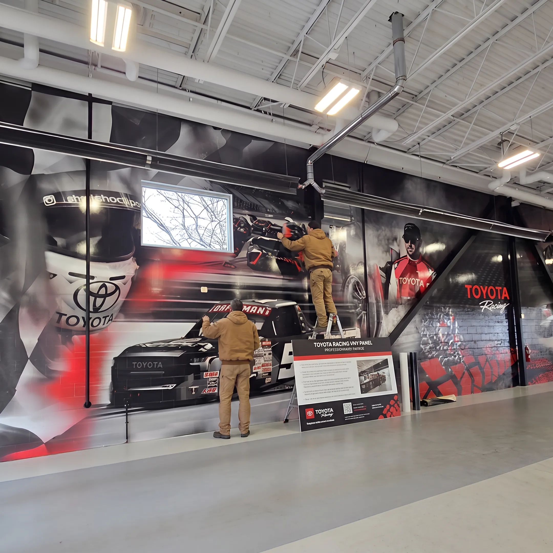 Custom retail graphics being installed on a storefront wall