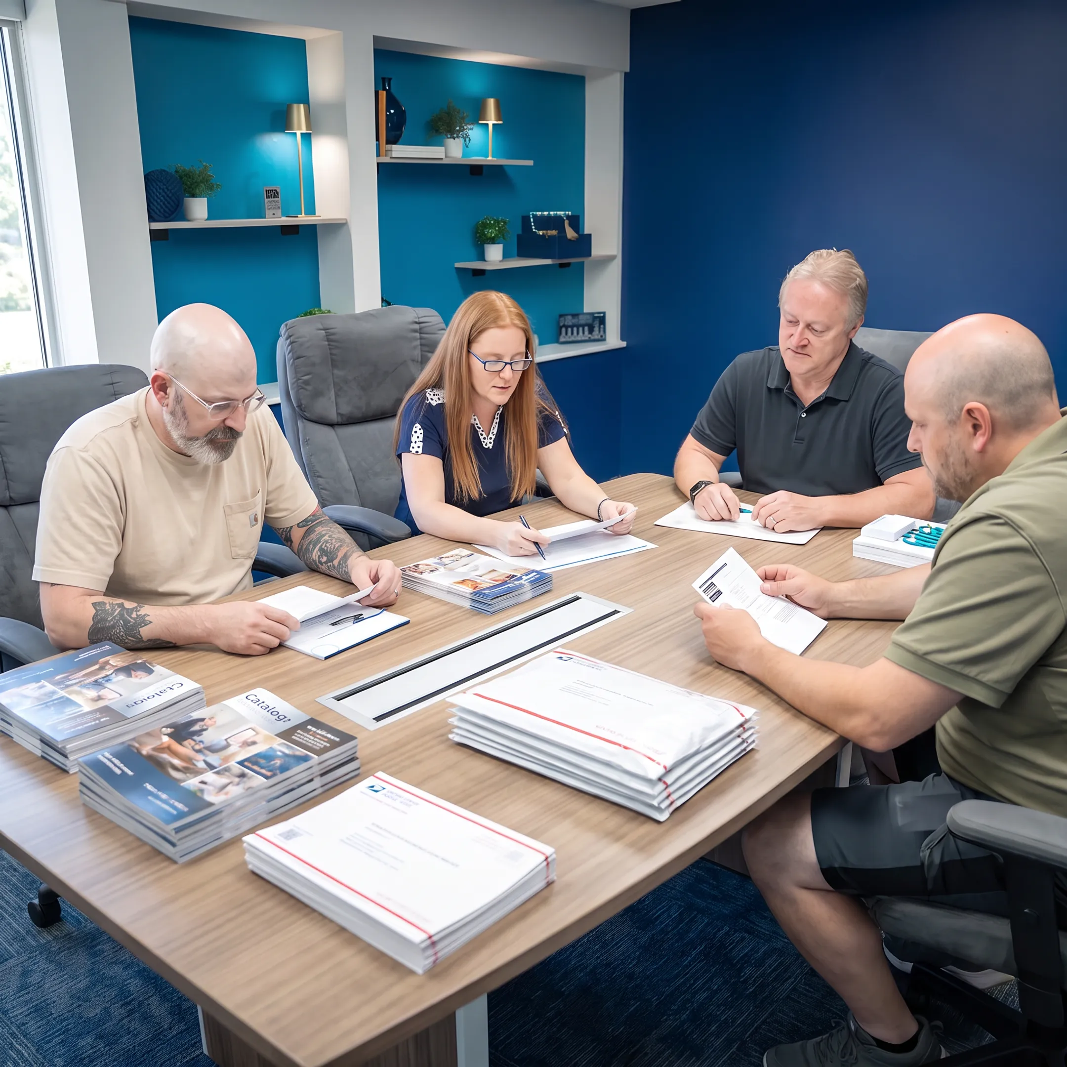 In-house team preparing printed literature for direct mailing