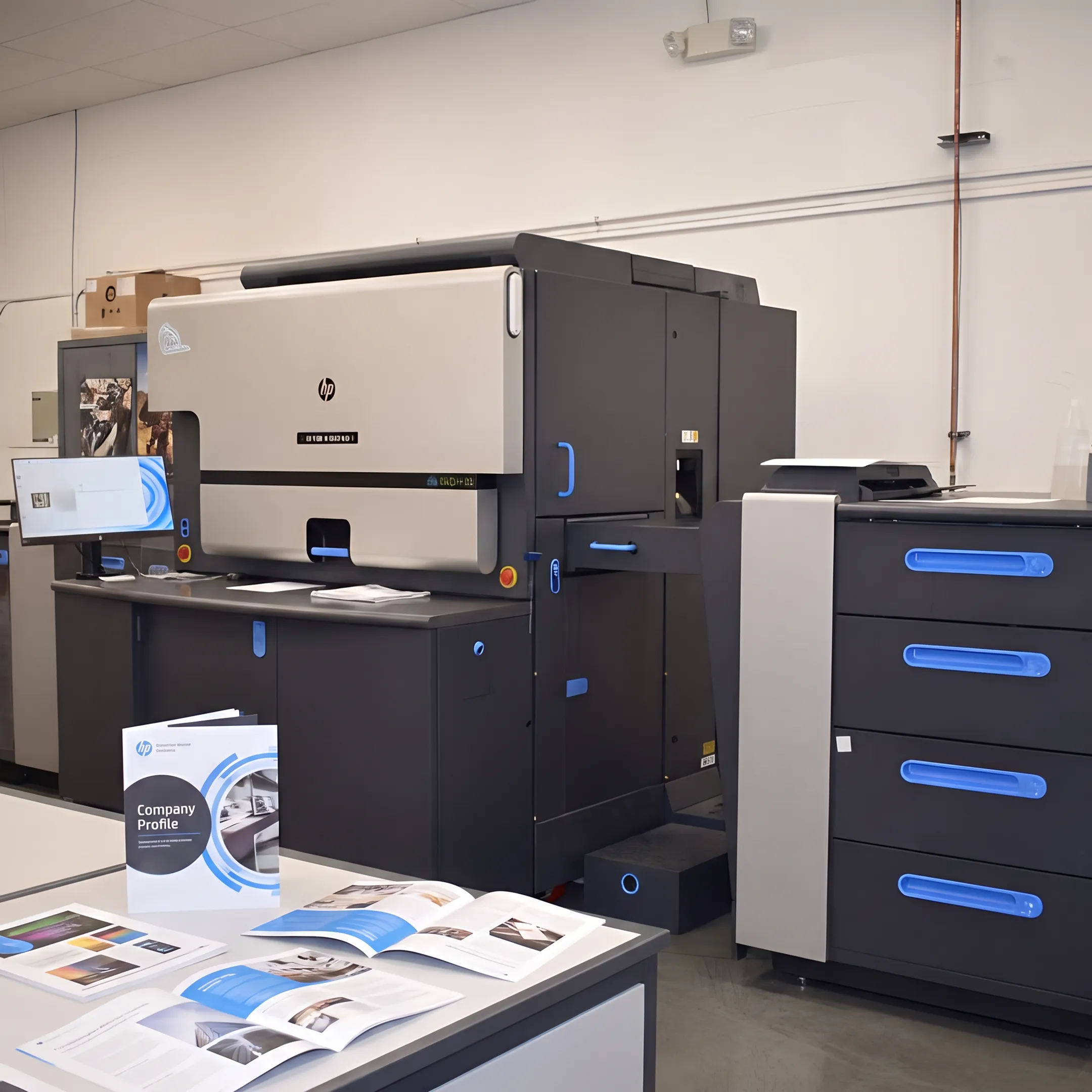 Professionally designed company profile booklet displayed on a print production table