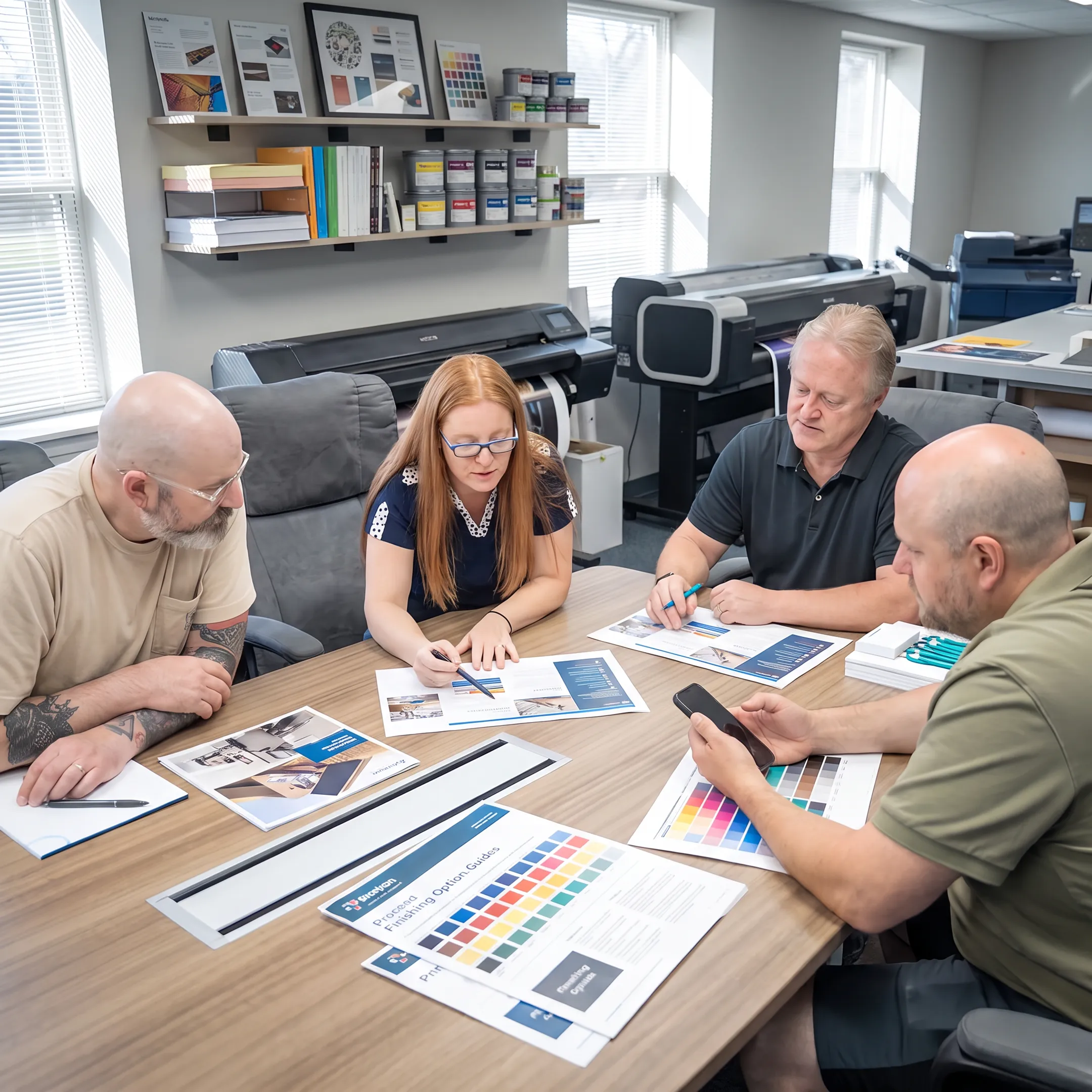 Company profile pages being reviewed beside printed brand materials
