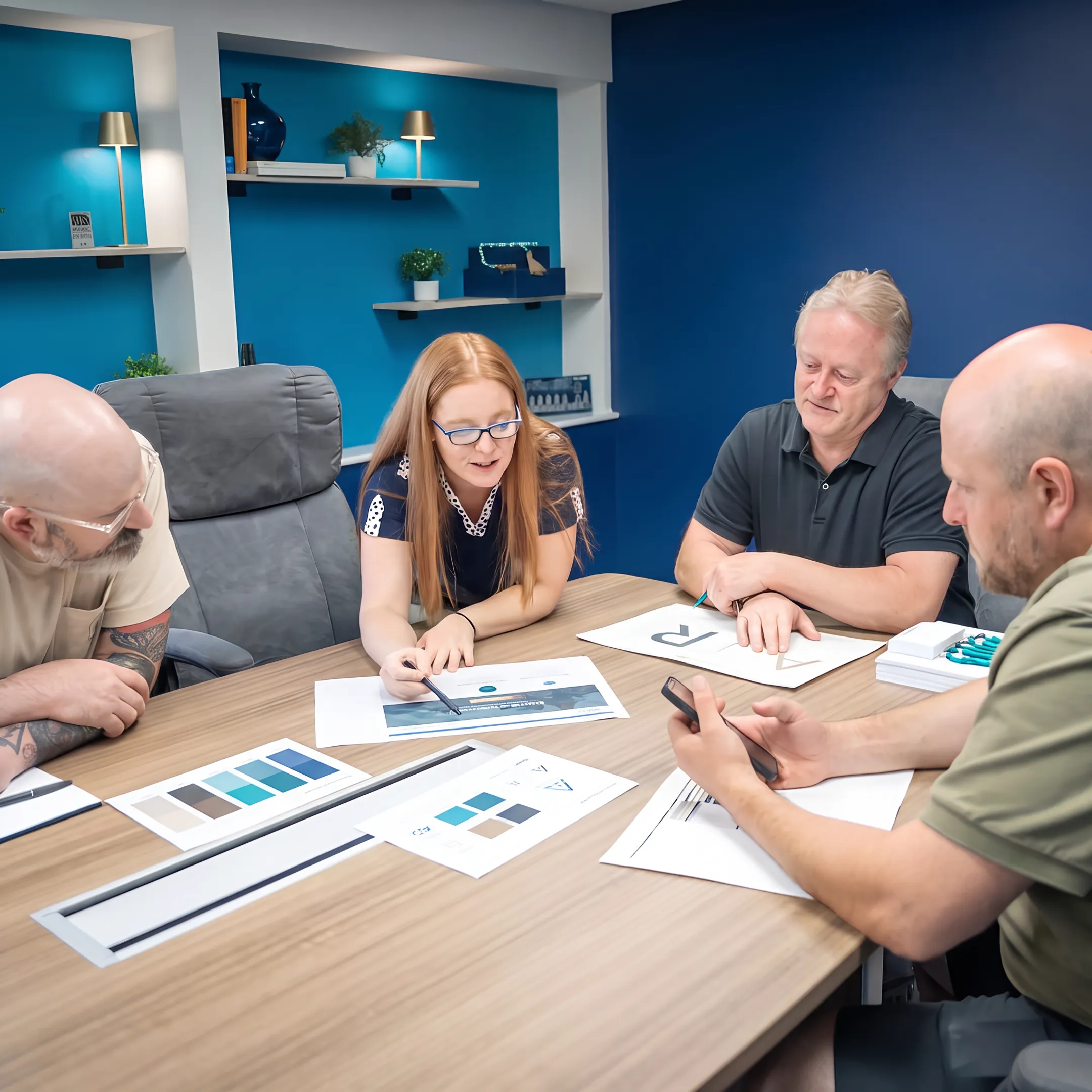 Creative team reviewing a modern business website design on a desktop monitor