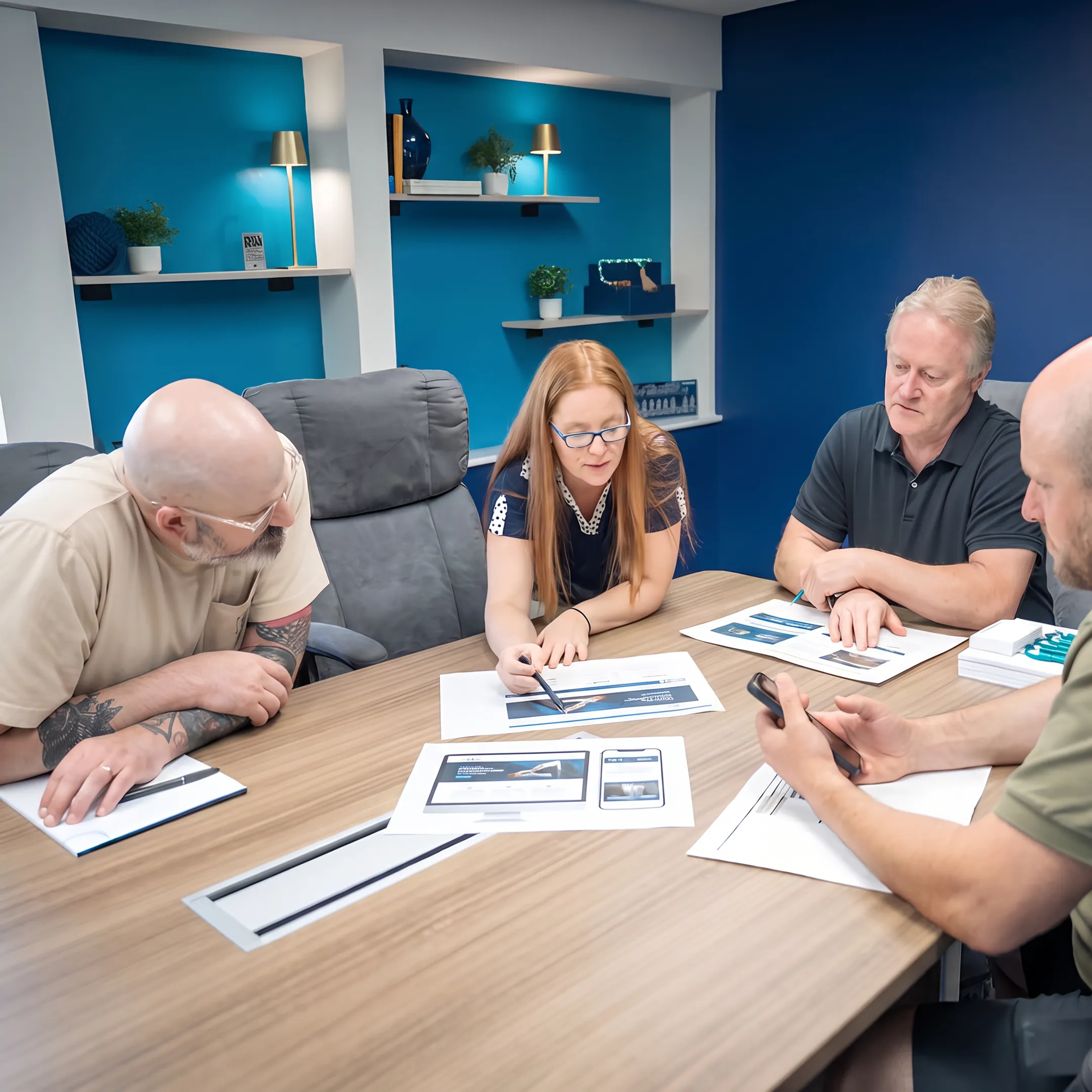 Designer presenting a polished business website concept to a client
