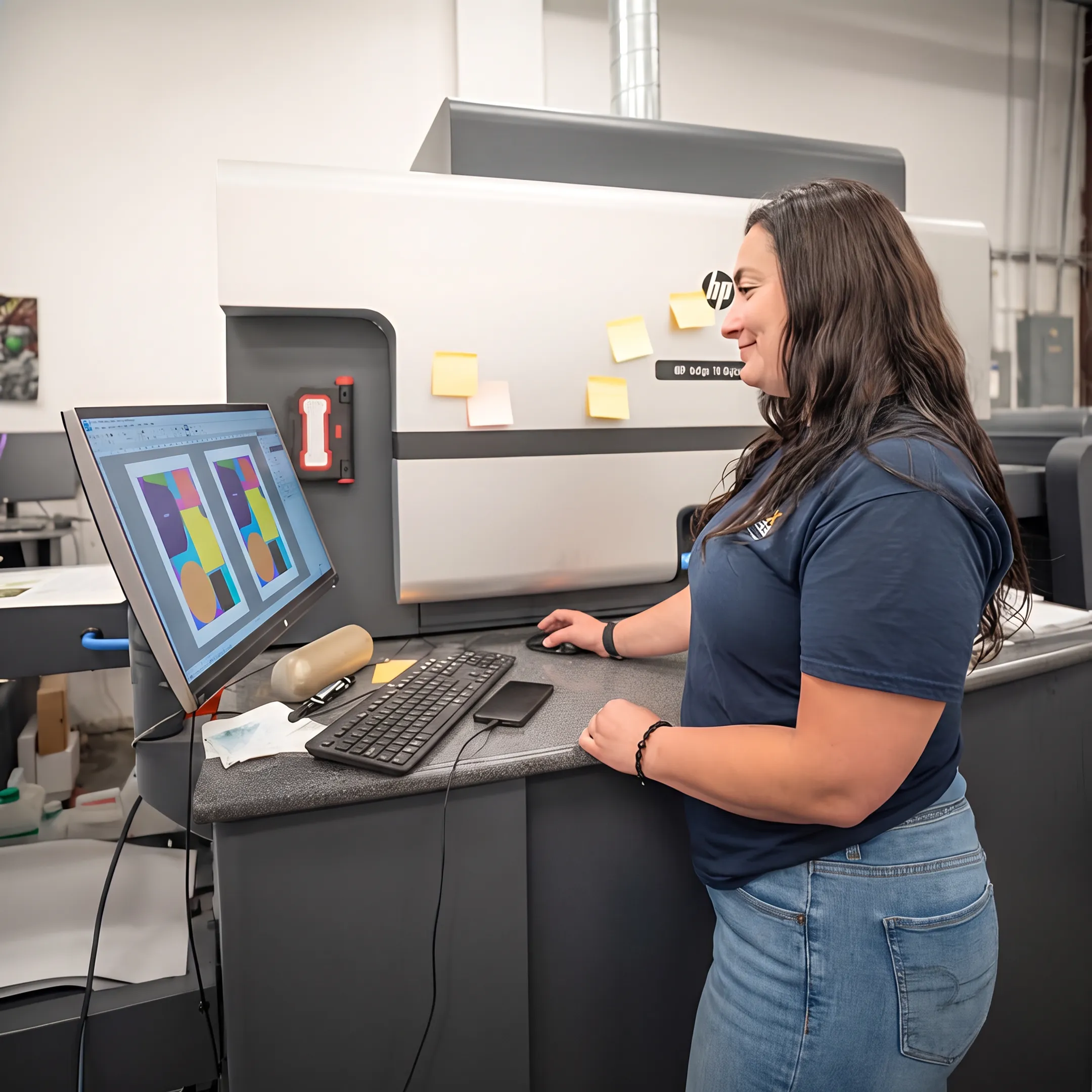 Prepress specialist reviewing digital artwork before commercial printing