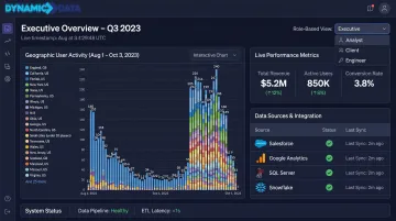 Dynamic Data bespoke dashboard interface showing multi-source data integration and live metrics