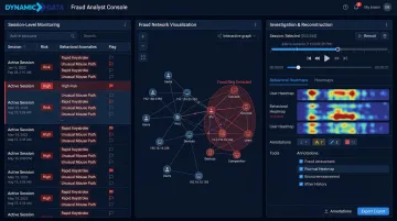 BioCatch behavioral biometrics session monitoring interface showing fraud investigation toolset