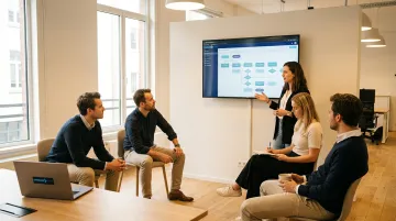 Manager addressing employee group about AI adoption change management in modern office