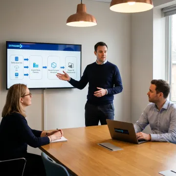 Consultant presenting Azure warehouse architecture and reporting strategy