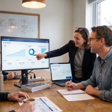 AI strategy consultant reviewing data dashboards with business leaders