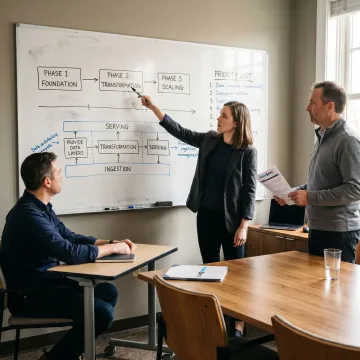 Consultants mapping an AI roadmap on a whiteboard