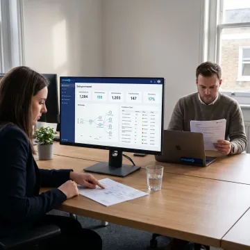 Data governance consultants reviewing analytics dashboards