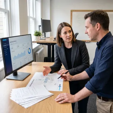 Data strategy consultant reviewing analytics dashboard