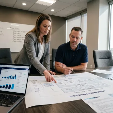 Data governance consultants reviewing business dashboards