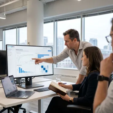 AI development team reviewing machine learning dashboards
