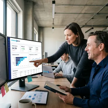 AI consultants reviewing analytics dashboards with a San Diego business team