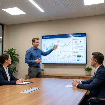 Consultant reviewing custom dashboard metrics with client
