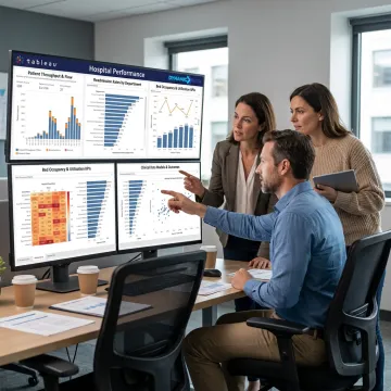 Team reviewing healthcare Tableau dashboard strategy
