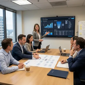 Consultants presenting BI and AI strategy dashboard