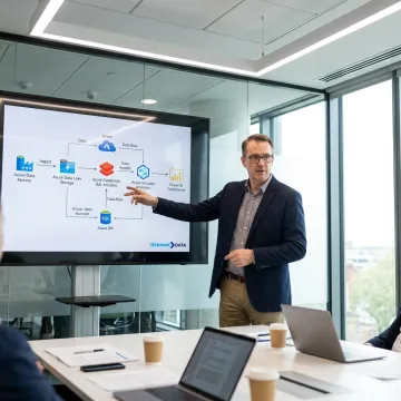 Consultant presenting Azure AI architecture and machine learning workflow