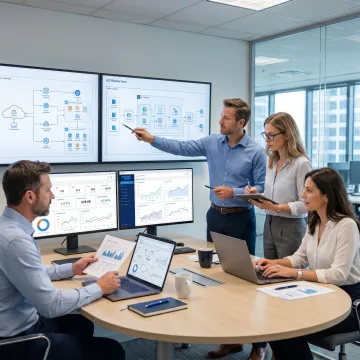 Modern data architecture consultants reviewing analytics dashboards