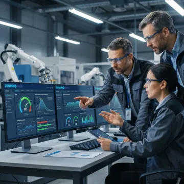 AI consultants analyzing manufacturing data dashboards