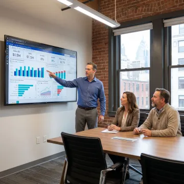 Power BI consultant reviewing dashboards with a Philadelphia business team