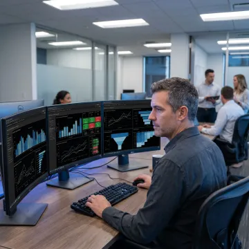 Data visualization consultant reviewing dashboards