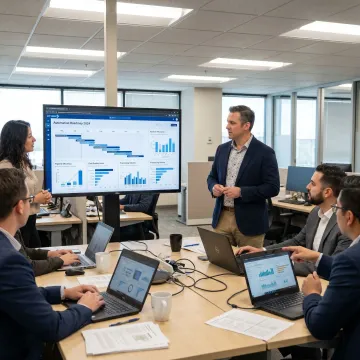 AI strategy consultant reviewing analytics dashboards with a business team