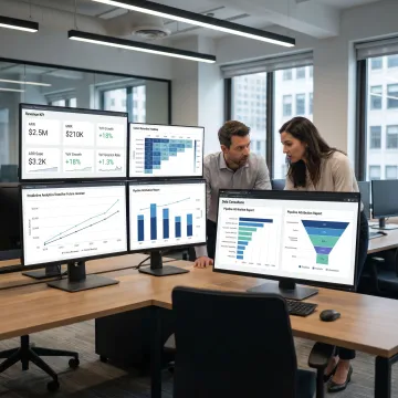 Financial analytics consultants reviewing KPI dashboards