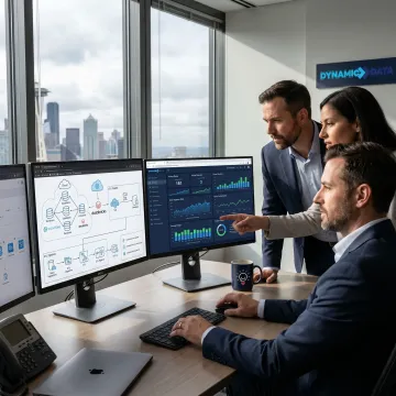 Data integration consultants reviewing connected business systems