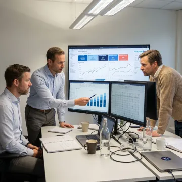Business intelligence consultants reviewing analytics dashboards
