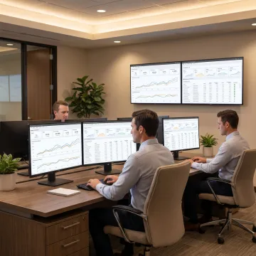Financial data governance consultants reviewing dashboards