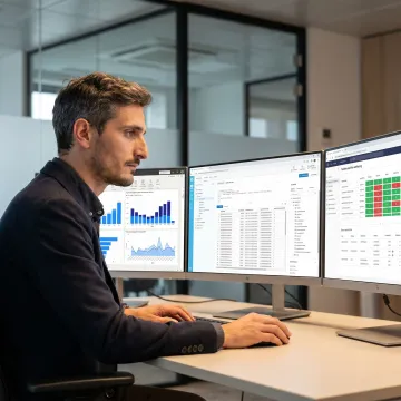 Data quality consultant reviewing analytics dashboards