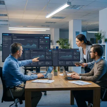 Marketing analytics dashboard on office monitors