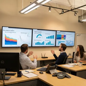 Nonprofit team reviewing data visualization dashboards