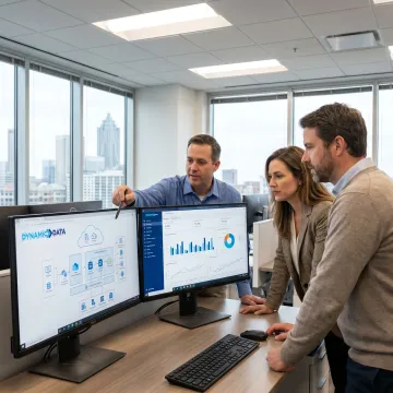 Cloud data warehouse consulting team reviewing analytics dashboards