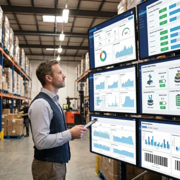 AI consultant reviewing warehouse management dashboards
