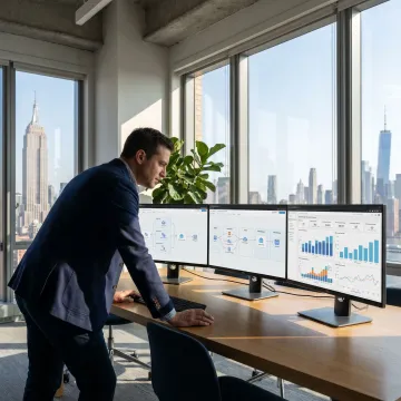 Data integration consultants reviewing dashboards in a New York office