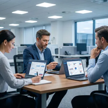 Business consultants reviewing analytics dashboards
