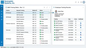 QMS intranet training matrix linked to employee competence records dashboard