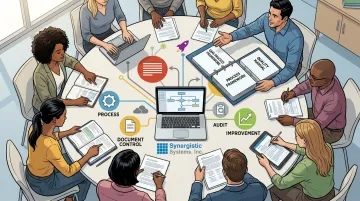 ISO 9001 consultant working with small business team reviewing QMS documentation together